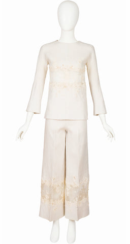 1960s Floral Appliqué Organza Inset White Wide-Leg Pant Suit