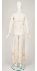 1960s Floral Appliqué Organza Inset White Wide-Leg Pant Suit