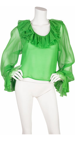 1980s Green Silk Chiffon Ruffle Blouse