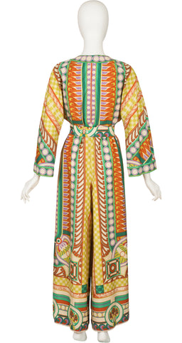 1960s Geometric Print Belted Wide-Leg Jumpsuit