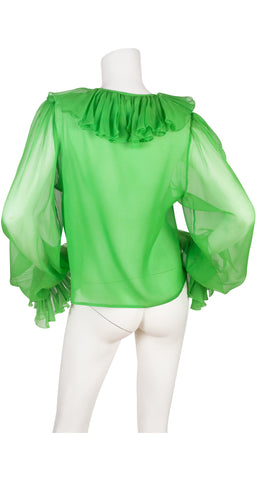 1980s Green Silk Chiffon Ruffle Blouse