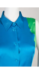 2000s Color-Block Blue Satin Collared Top