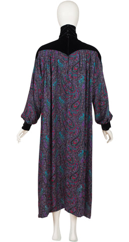 1980s Paisley Silk Velvet Shoulder Midi Dress