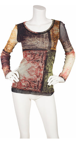 1990s Abstract Graphic Mesh Long Sleeve Top
