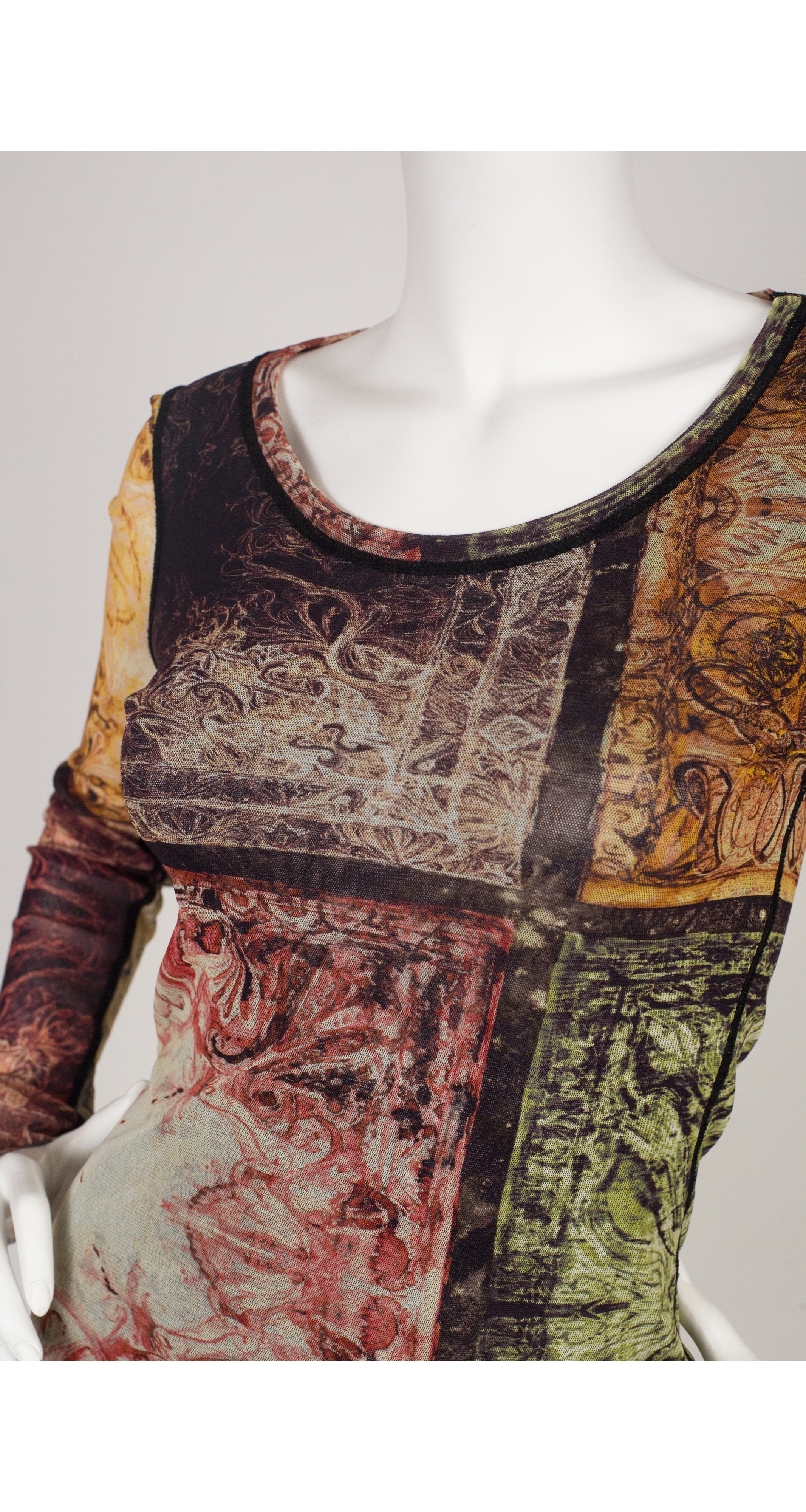 Jean-Paul Gaultier 1990s Abstract Graphic Mesh Long Sleeve Top