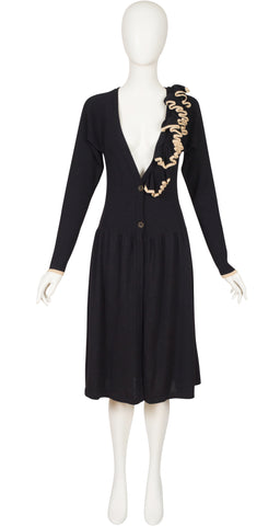 1980s Ruffle Neck Black Ribbed Wool & Silk Cardigan