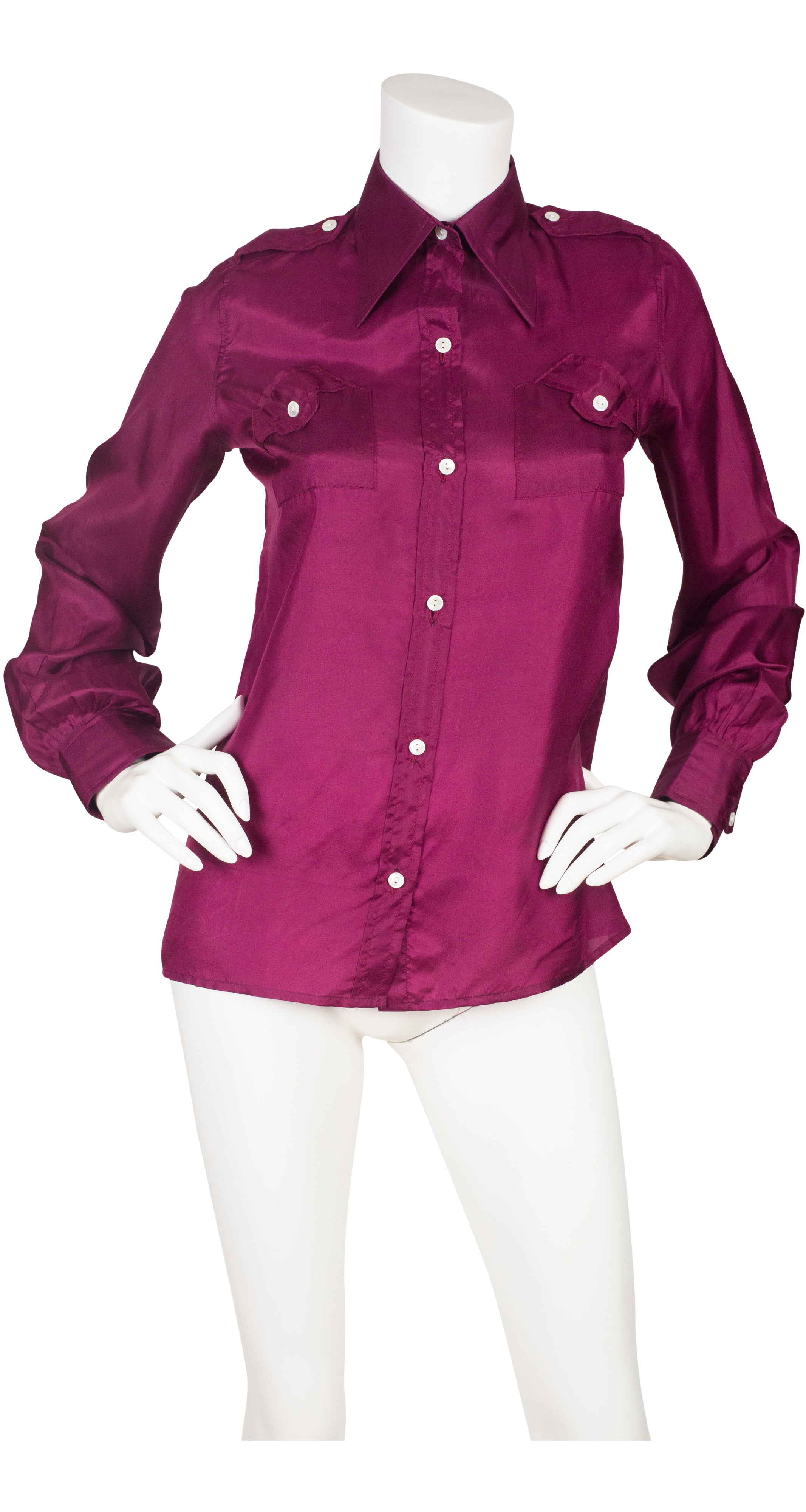 1970s Magenta Silk Collared Button-Up Shirt