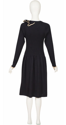 1980s Ruffle Neck Black Ribbed Wool & Silk Cardigan