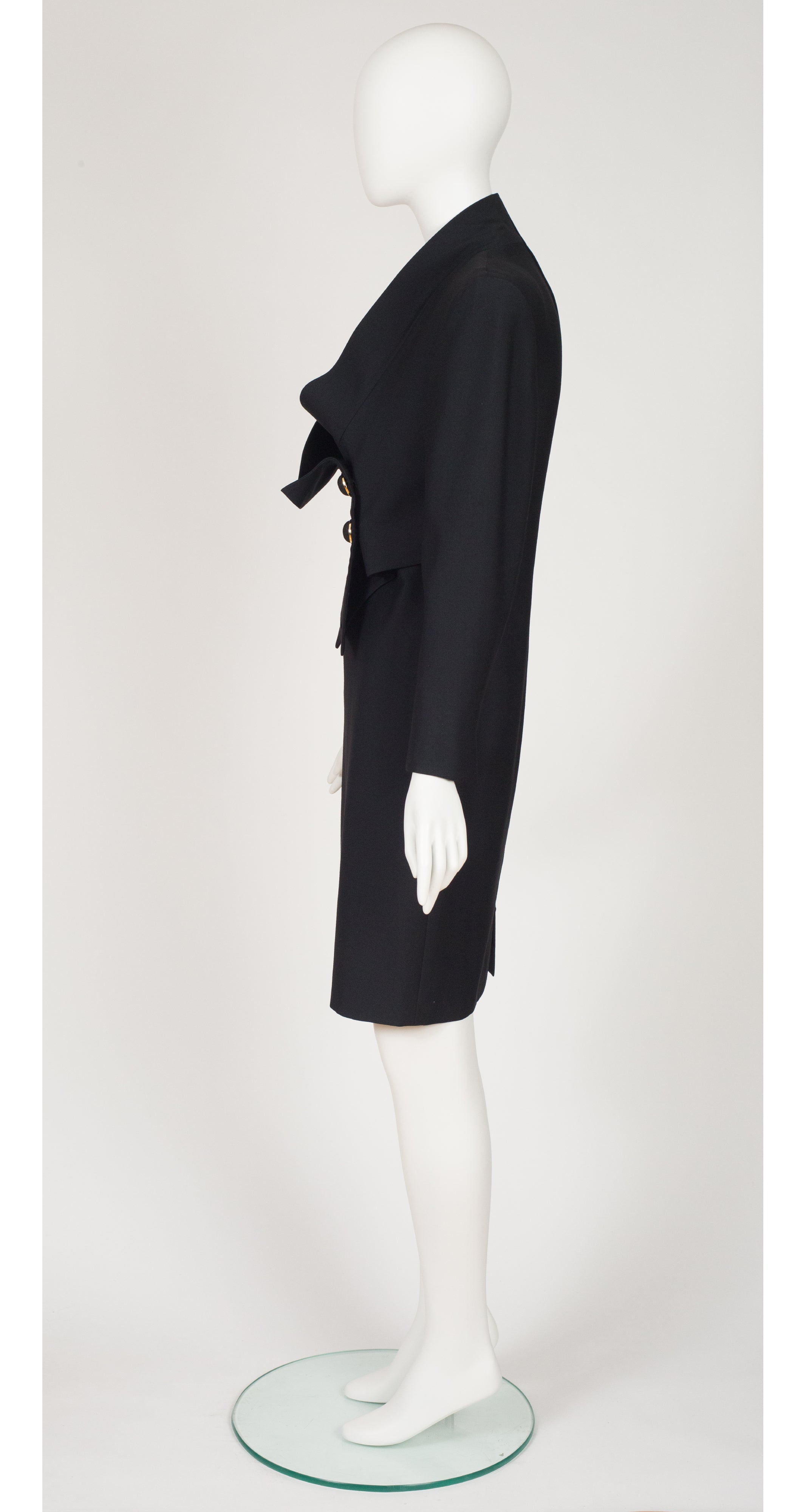 1980s Asymmetrical Black Wool Skirt Suit Dress