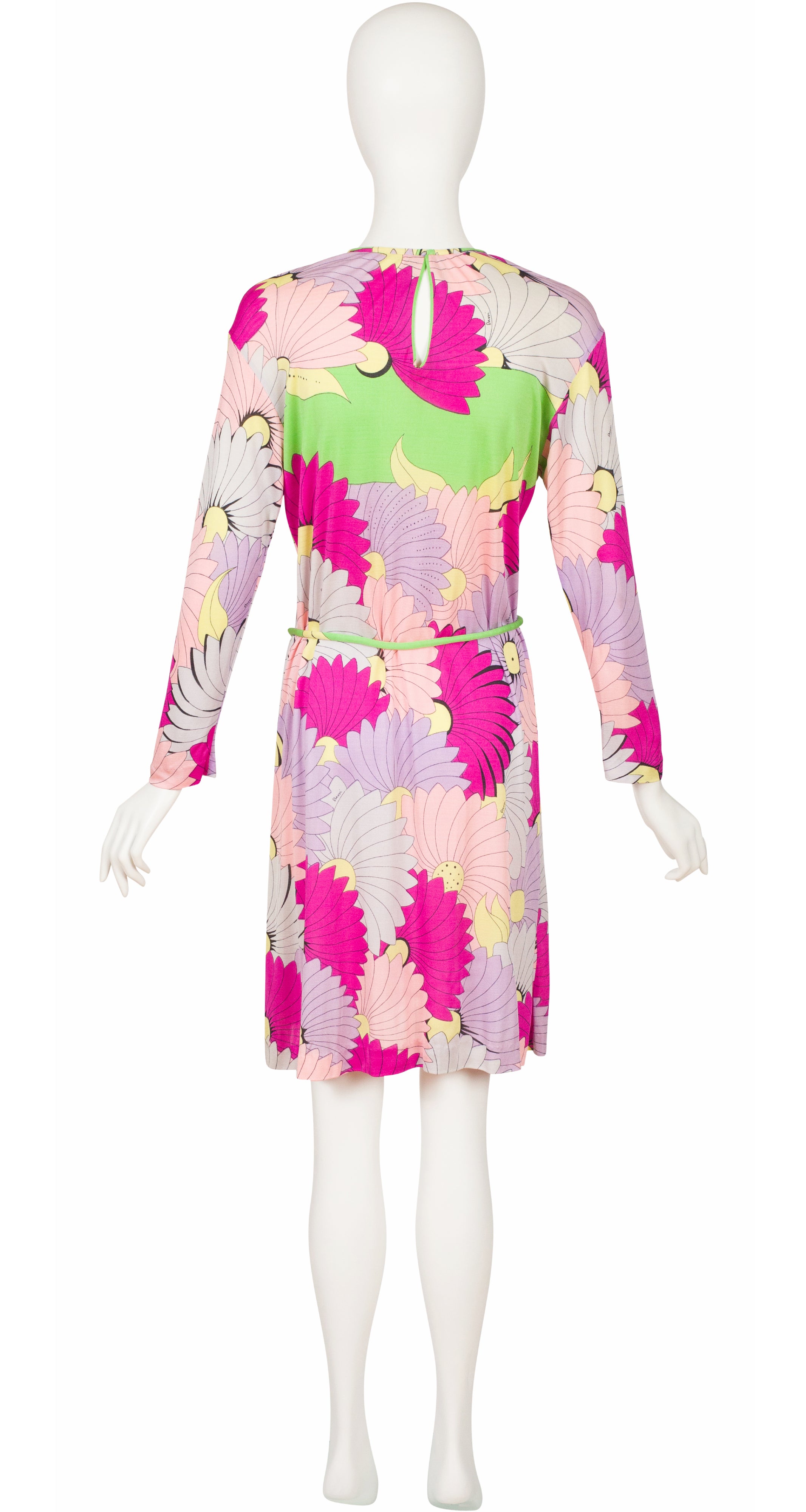 1960s Floral Silk Jersey Belted Long Sleeve Dress
