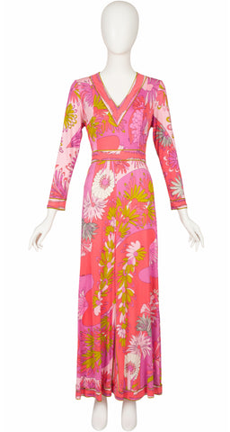 1960s Pink Floral Border Print Silk Jersey Maxi Dress