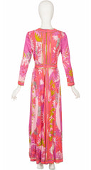1960s Pink Floral Border Print Silk Jersey Maxi Dress