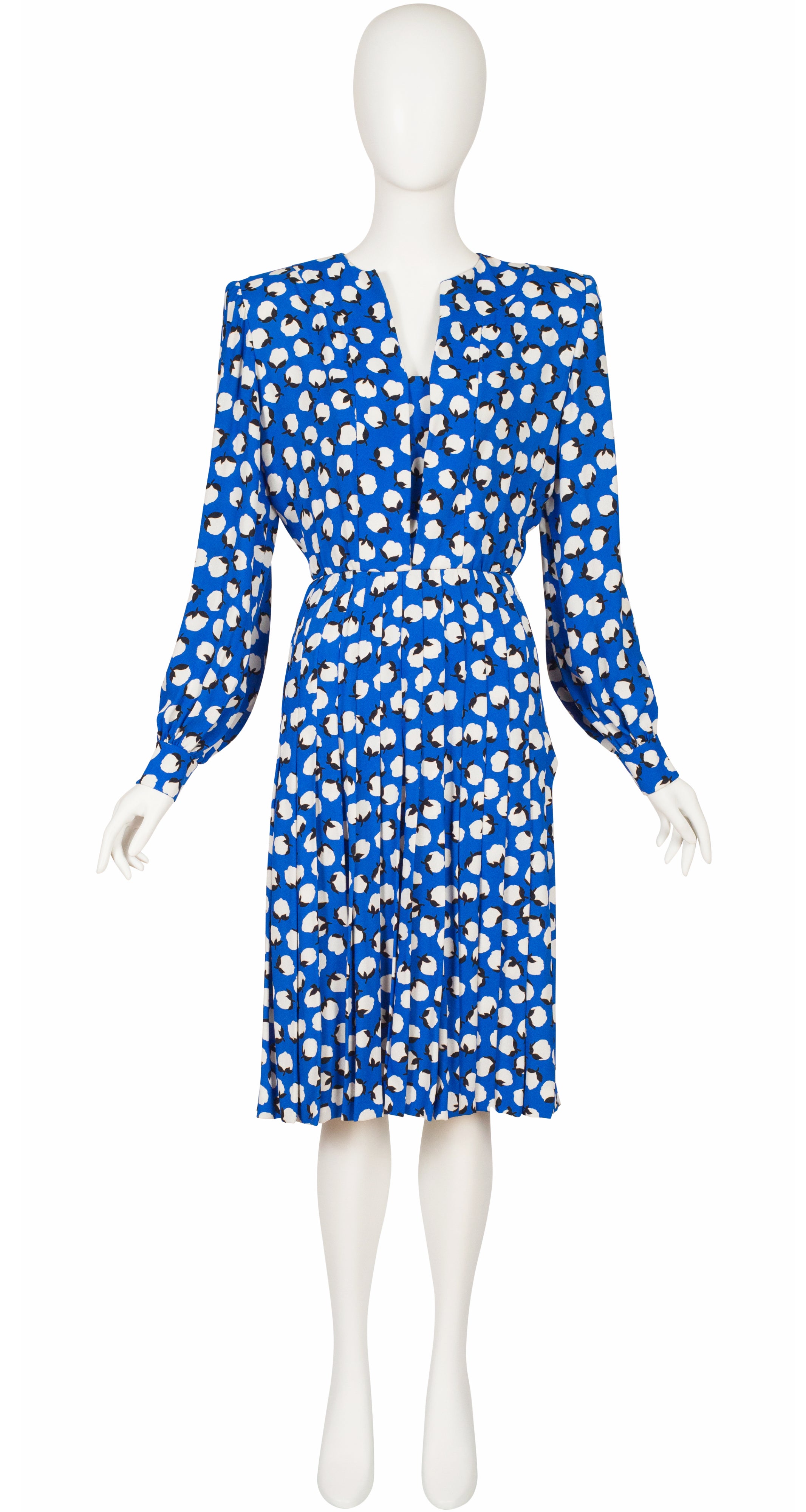 1980s Flower Bud Print Blue Crepe Pleated Dress
