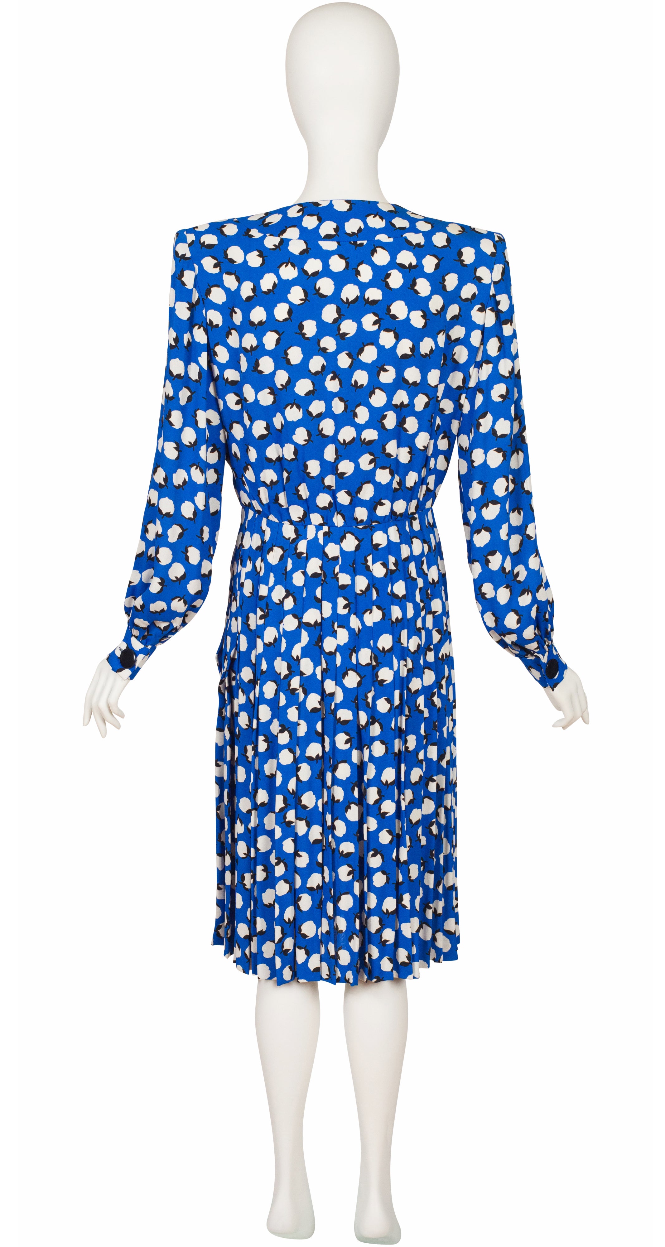 1980s Flower Bud Print Blue Crepe Pleated Dress