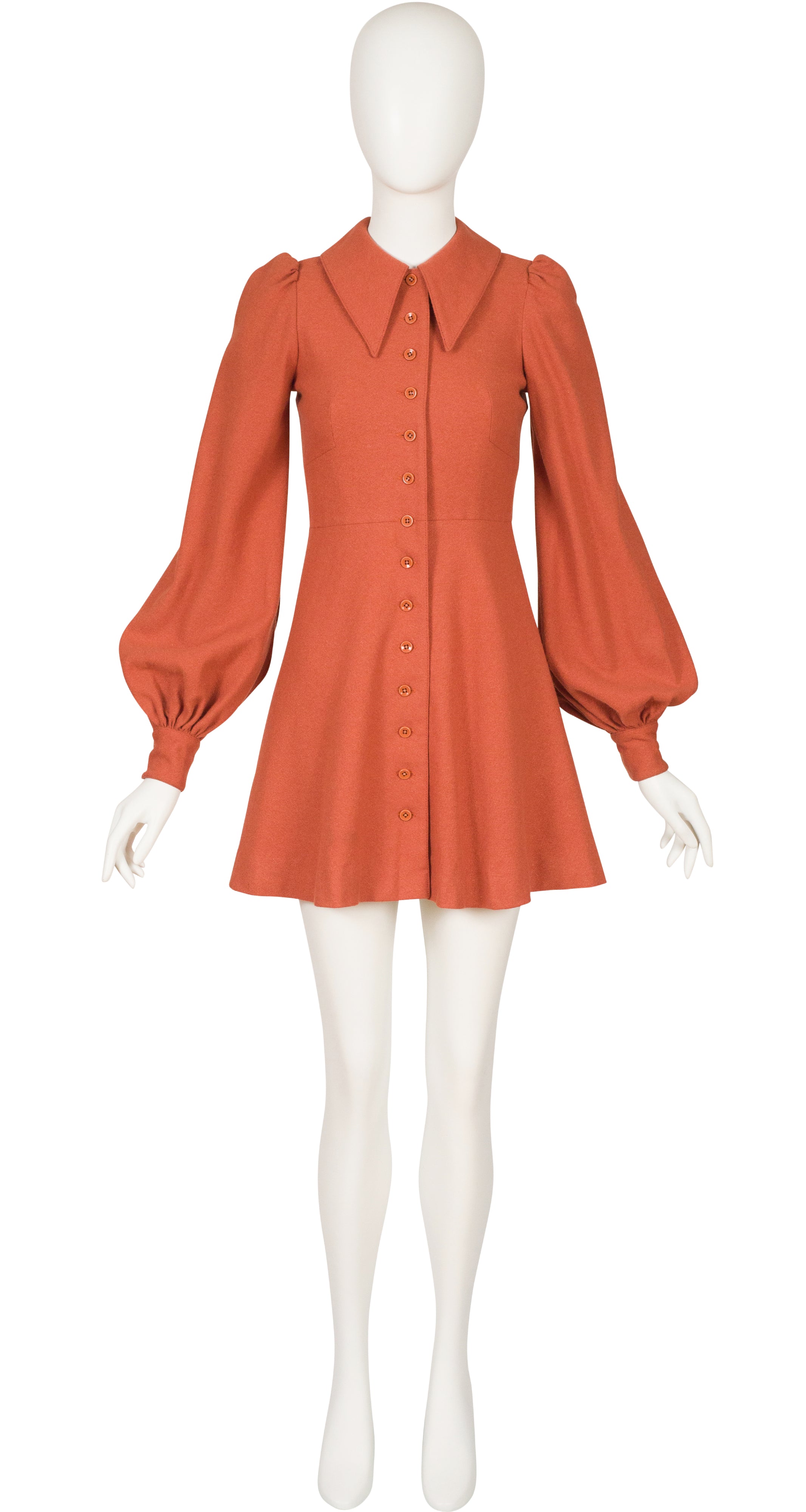 Gudule 1970s Terracotta Wool Balloon Sleeve Mini Dress – Featherstone Vintage Gudule 1970s Terracotta Wool Balloon Sleeve Mini Dress – Featherstone Vintage