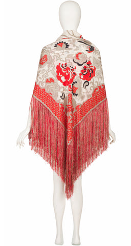 1970s Large 74" Dragon Print Silk Fringe Shawl