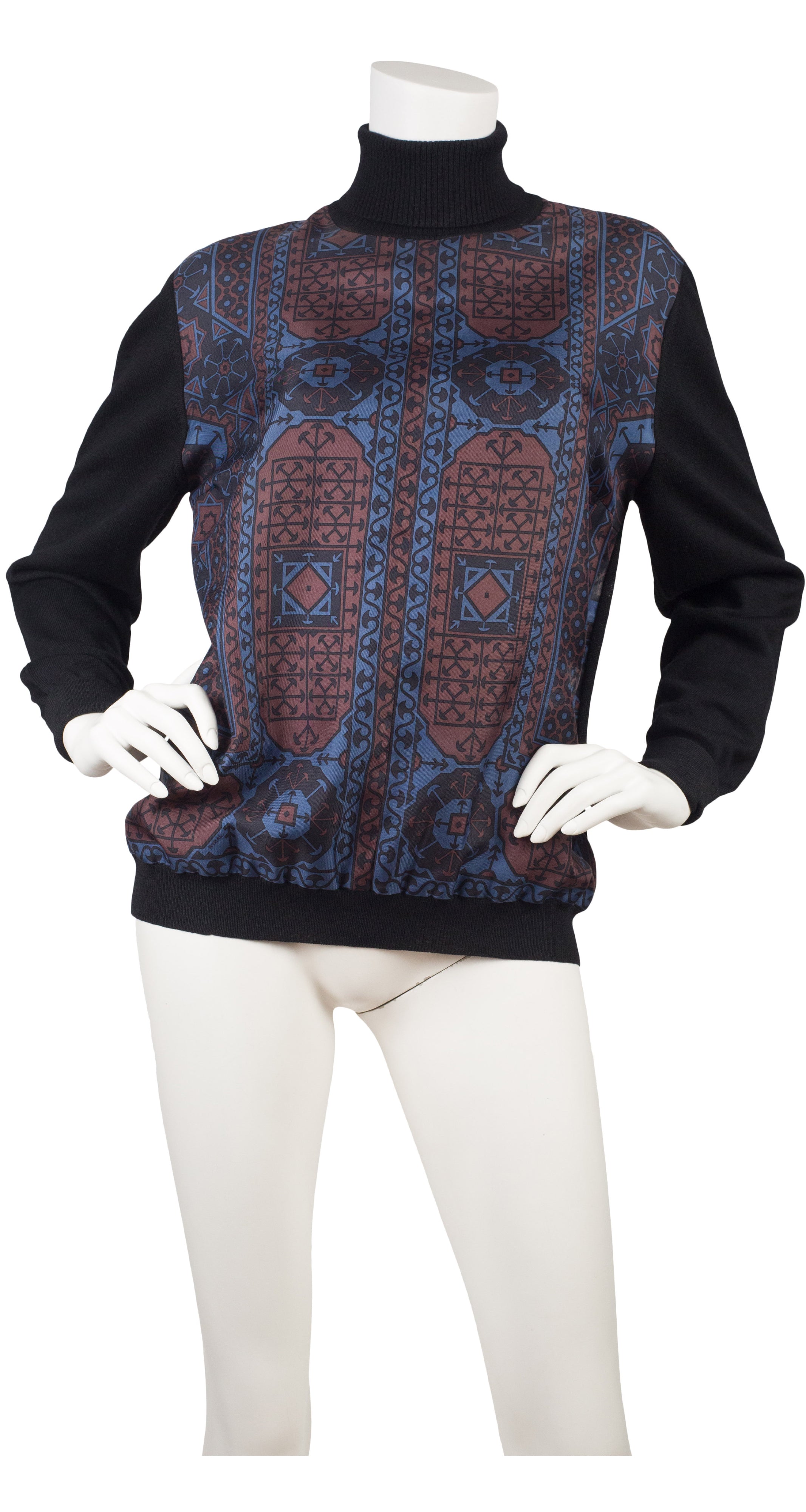 1970s Silk Twill & Black Wool Turtleneck Sweater