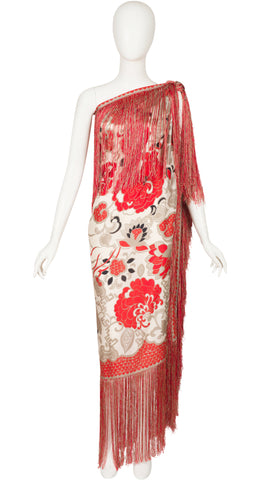 1970s Large 74" Dragon Print Silk Fringe Shawl