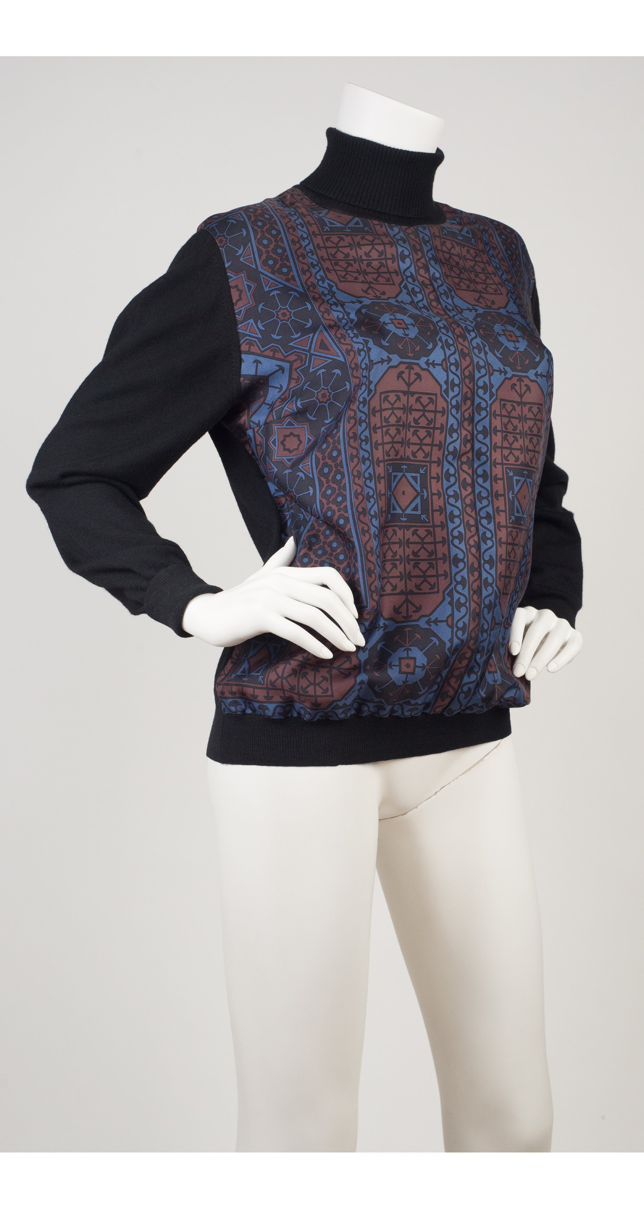 1970s Silk Twill & Black Wool Turtleneck Sweater