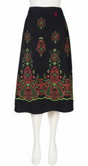 1970s Green & Red Embroidered Black Wool A-Line Skirt