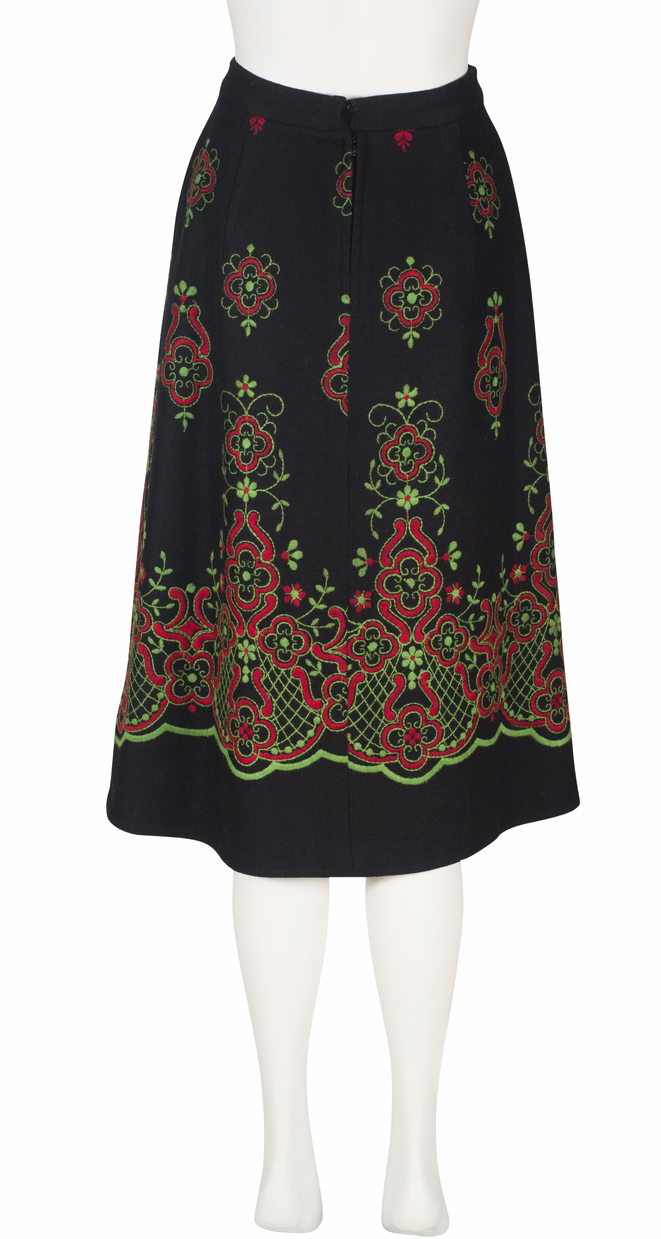 1970s Green & Red Embroidered Black Wool A-Line Skirt