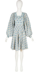 1970s Blue Floral Cotton Billowing Sleeve Blouse & Skirt Set