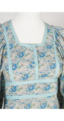1970s Blue Floral Cotton Billowing Sleeve Blouse & Skirt Set