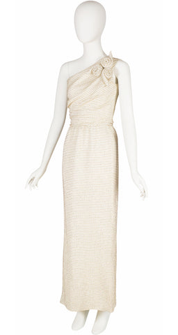 1980s Cream Lurex One-Shoulder Gown & Bolero Set