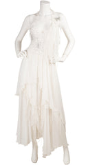 1970s Ethereal Rhinestone White Chiffon Disco Dress