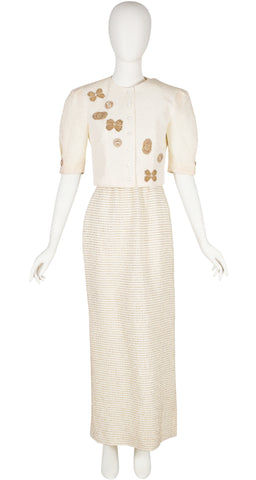 1980s Cream Lurex One-Shoulder Gown & Bolero Set