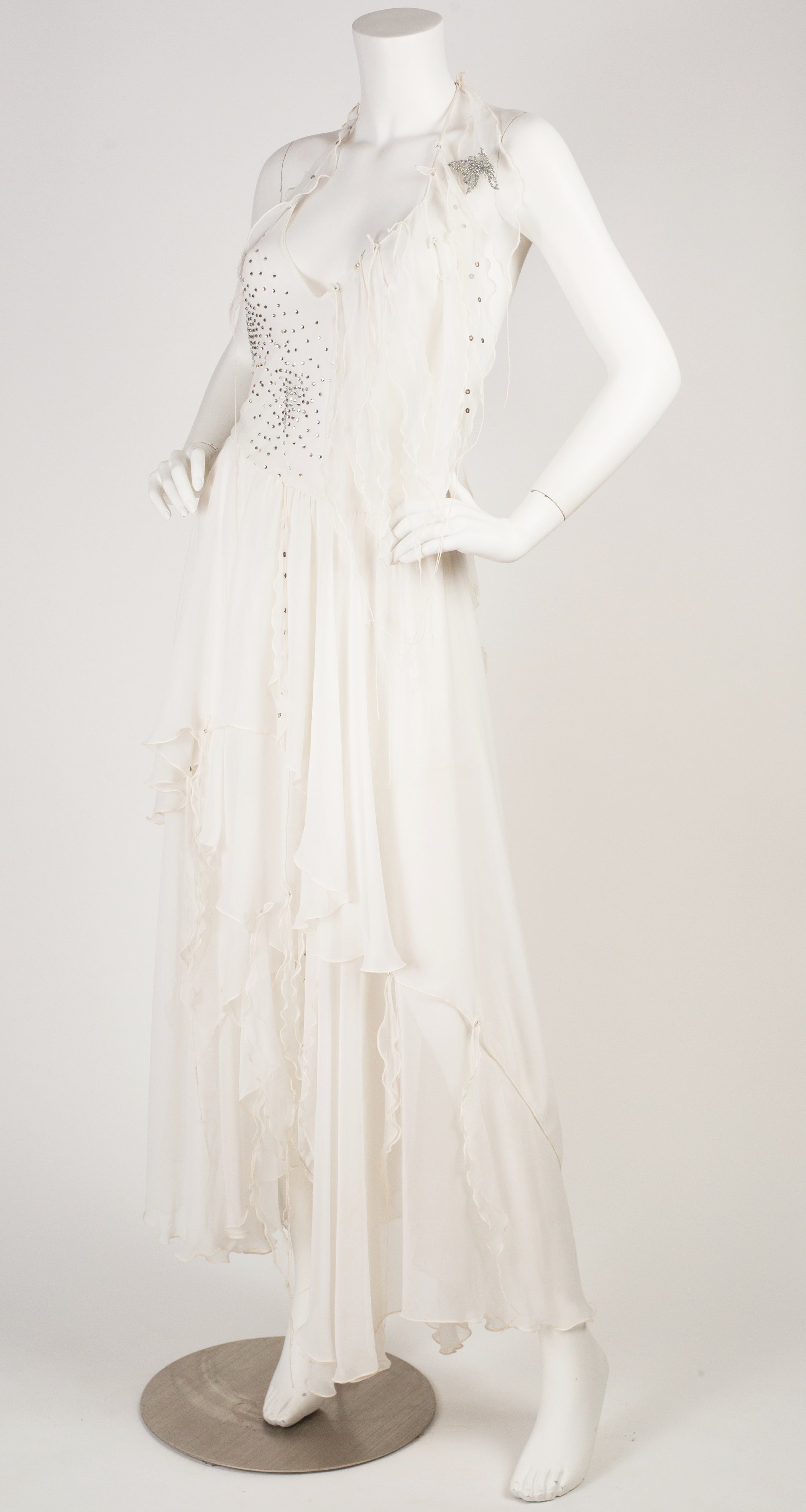1970s Ethereal Rhinestone White Chiffon Disco Dress