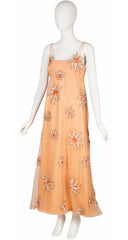 1970s Star Sequin Appliqué Peach Organza Gown Set