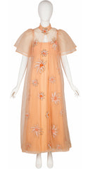 1970s Star Sequin Appliqué Peach Organza Gown Set