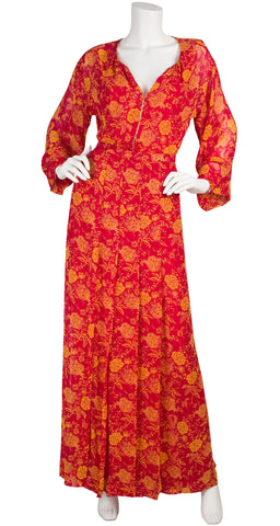 1976 Documented Red & Yellow Floral Chiffon Blouse & Skirt Set
