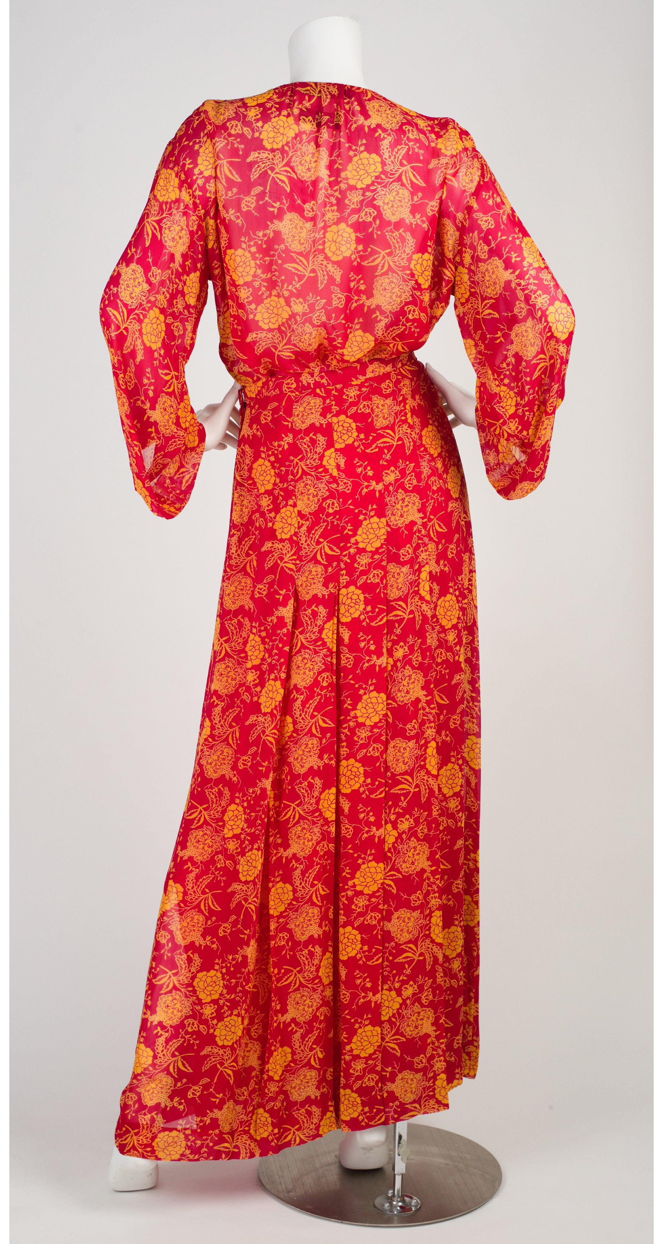 1976 Documented Red & Yellow Floral Chiffon Blouse & Skirt Set
