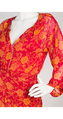 1976 Documented Red & Yellow Floral Chiffon Blouse & Skirt Set