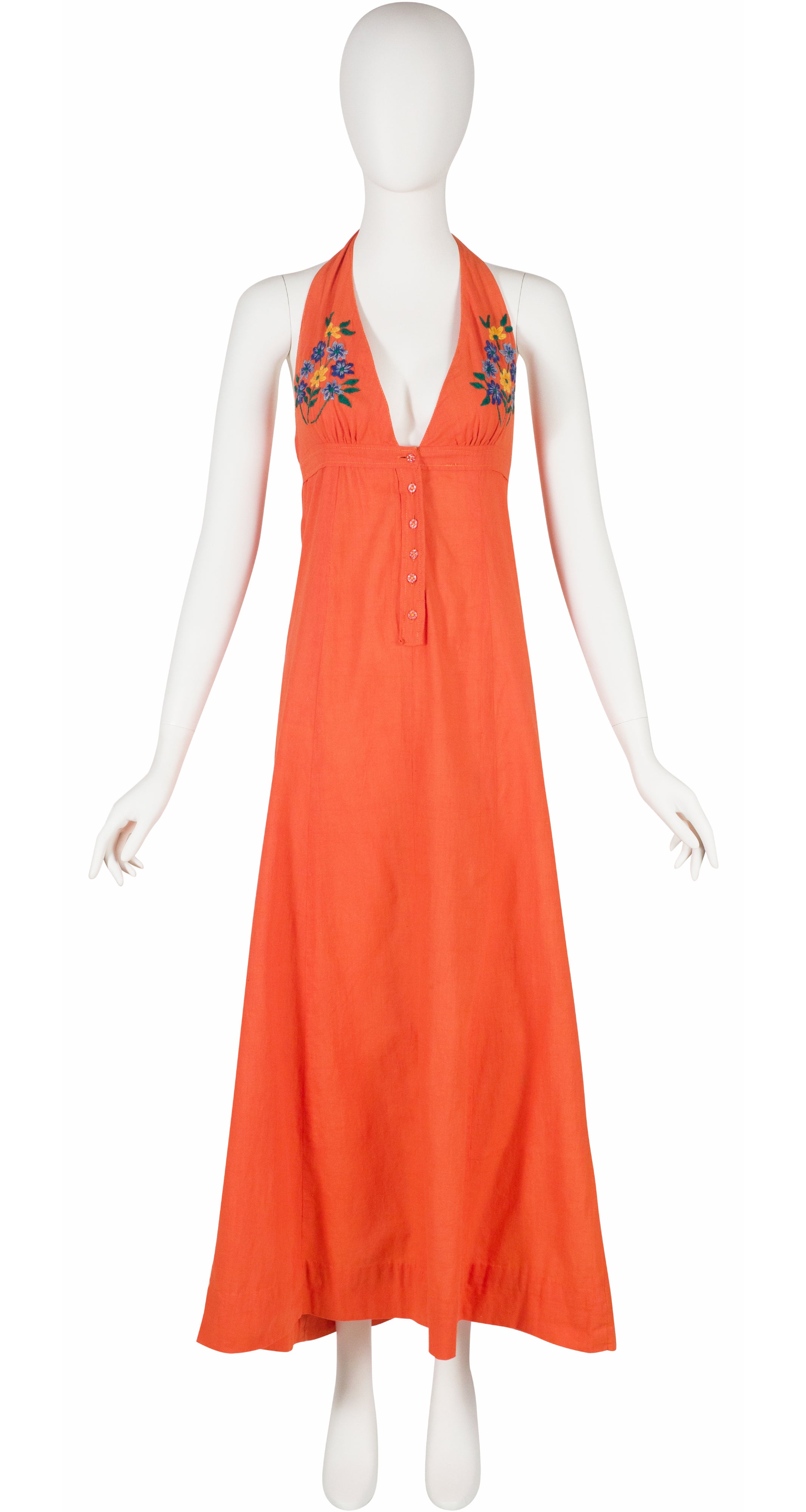 1970s Embroidered Orange Indian Cotton Halter Maxi Dress Featherstone Vintage 1970s Embroidered Orange Indian Cotton Halter Maxi Dress Featherstone Vintage
