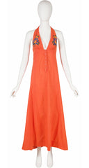 1970s Embroidered Orange Indian Cotton Halter Maxi Dress