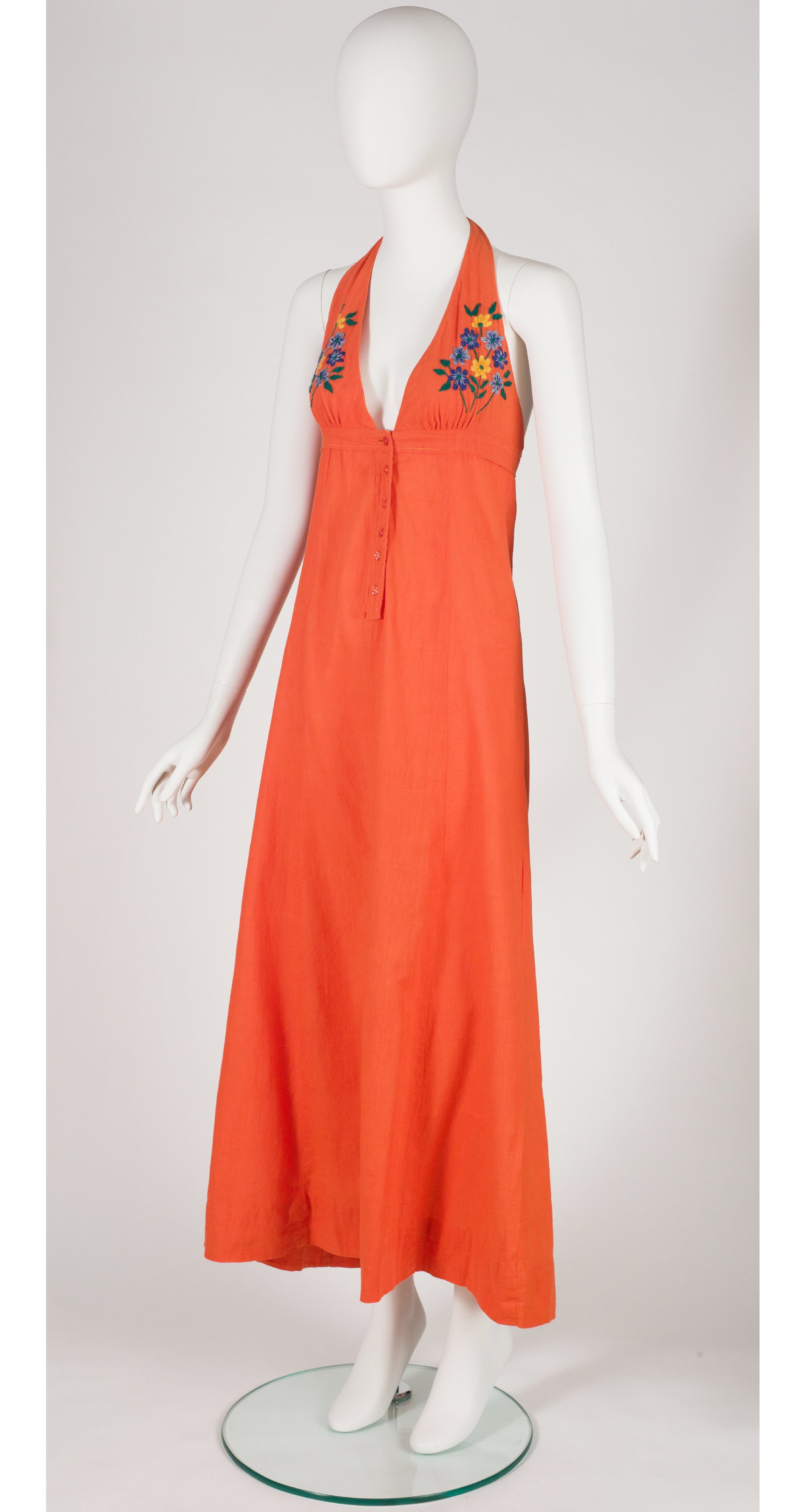 1970s Embroidered Orange Indian Cotton Halter Maxi Dress