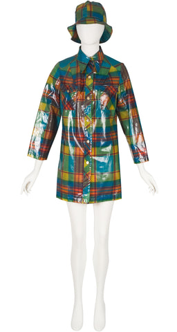 1960s Mod Plaid Vinyl Raincoat & Bucket Hat