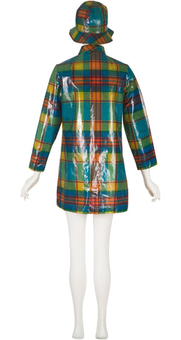 1960s Mod Plaid Vinyl Raincoat & Bucket Hat