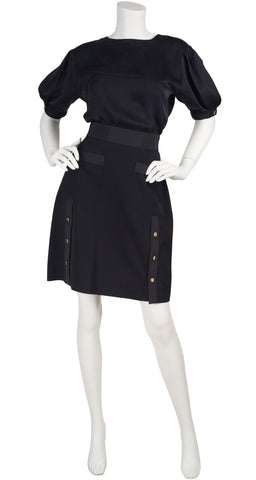 1980s Black Silk Blouse & Wool Skirt Set