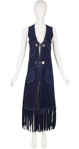 1970s Navy Blue Suede Fringe Maxi Vest
