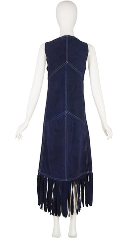 1970s Navy Blue Suede Fringe Maxi Vest
