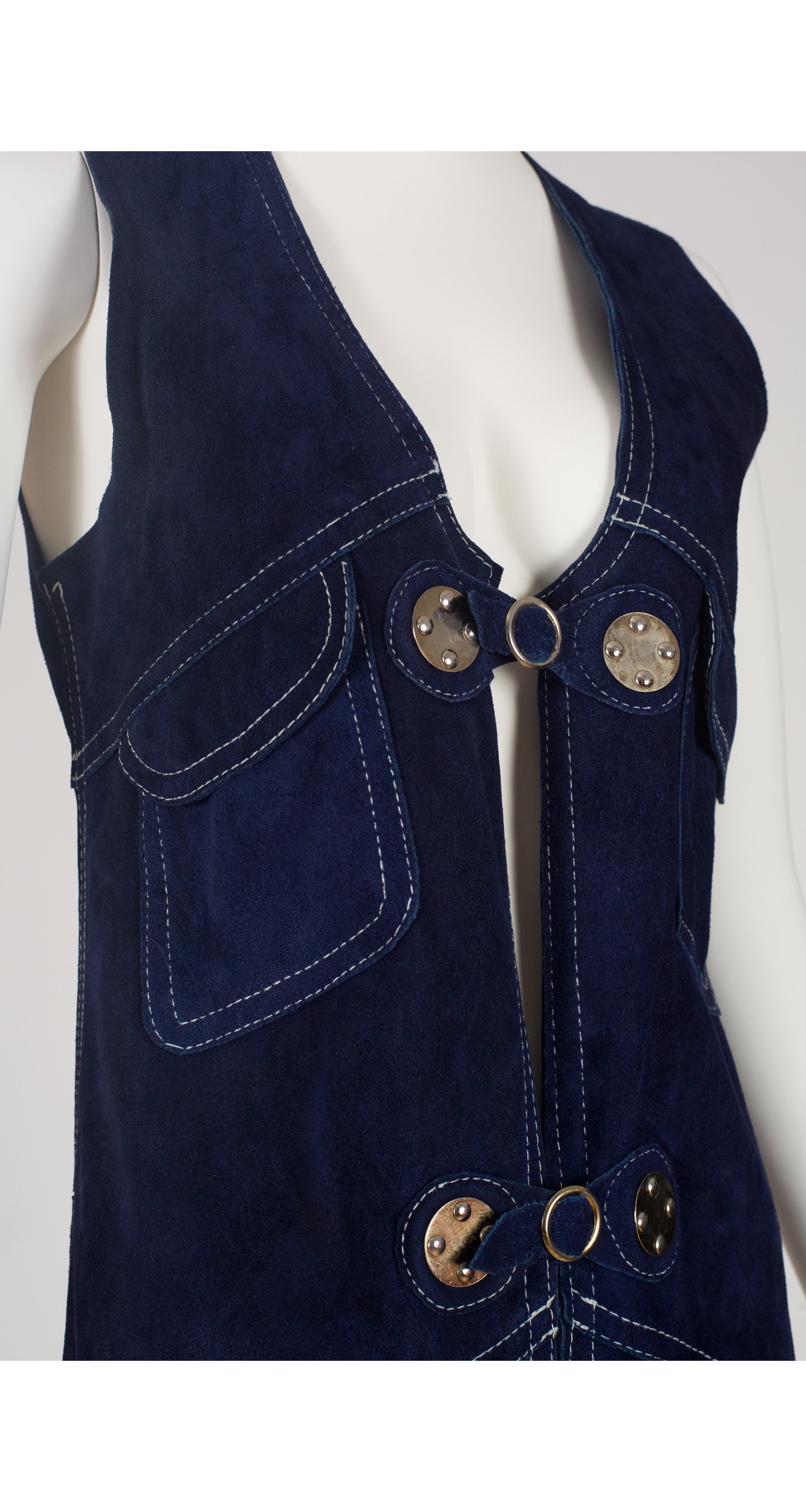 1970s Navy Blue Suede Fringe Maxi Vest