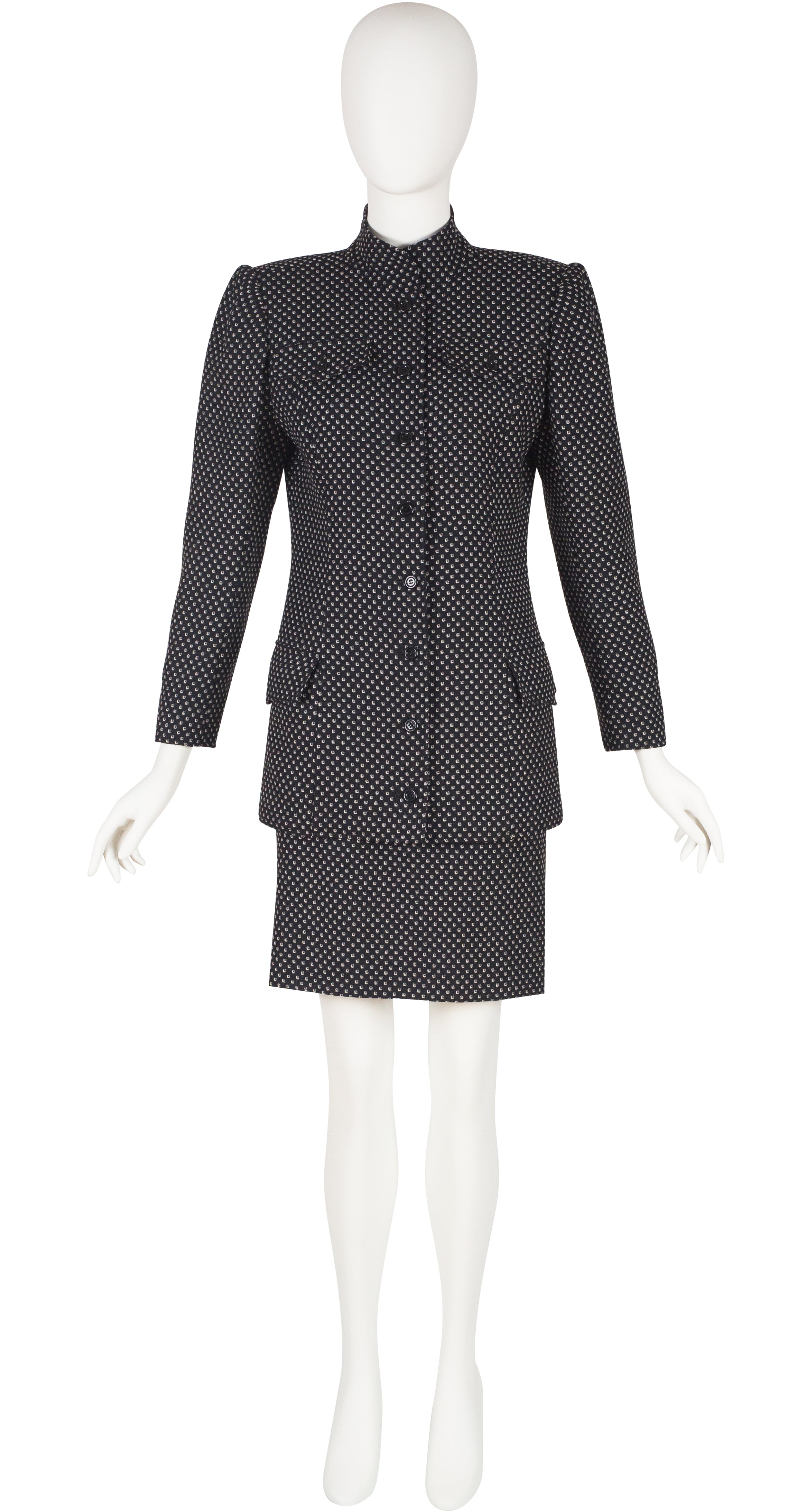 1980s Black & White Geometric Wool Skirt Suit