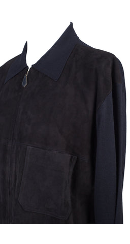 1990s Men's Black Suede & Navy Wool Sweater