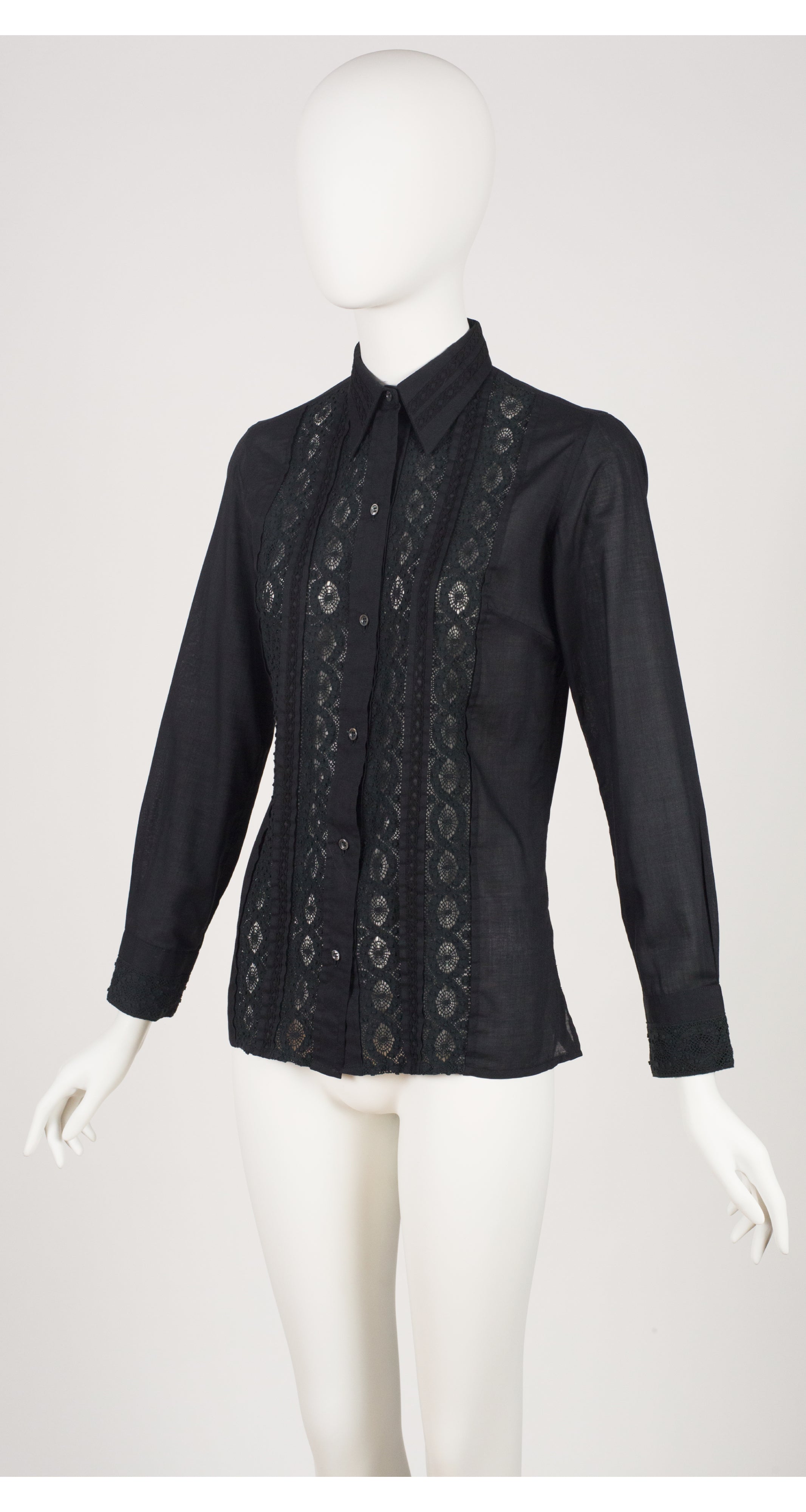 1970s Black Crochet Panel Collared Button Up Shirt