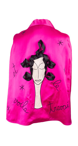 1990s Whimsical Hairdresser Hot Pink Satin Cape