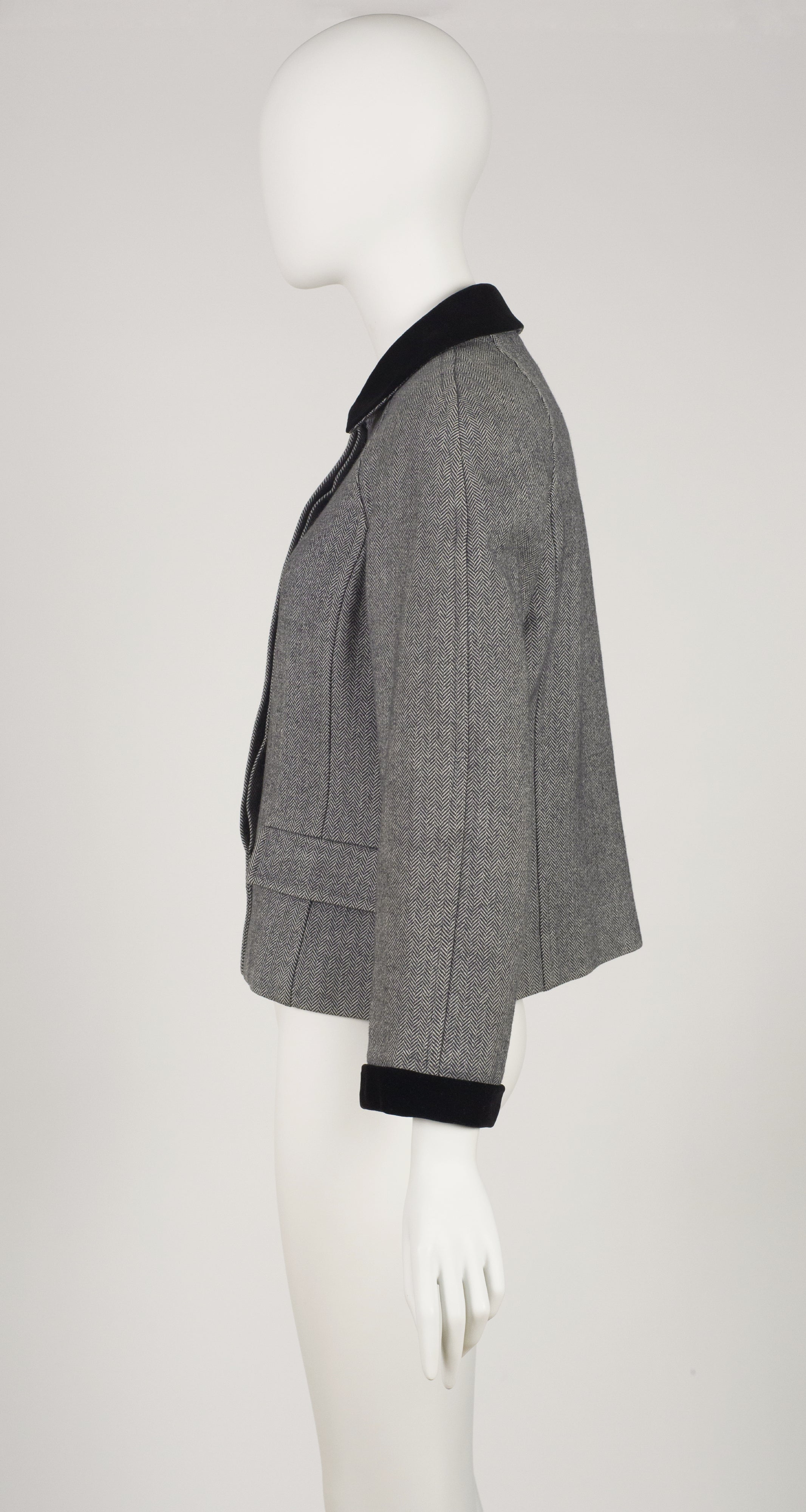 1980s Herringbone Wool Black Velvet Trim Jacket
